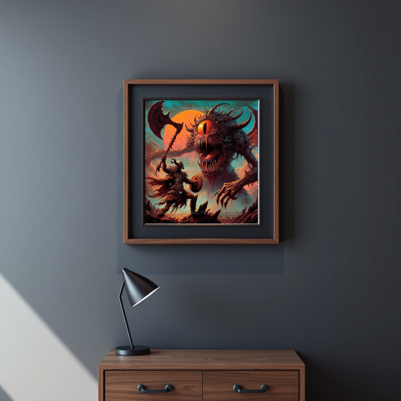 A warrior fighting a monstrous creature under a vibrant sunset.