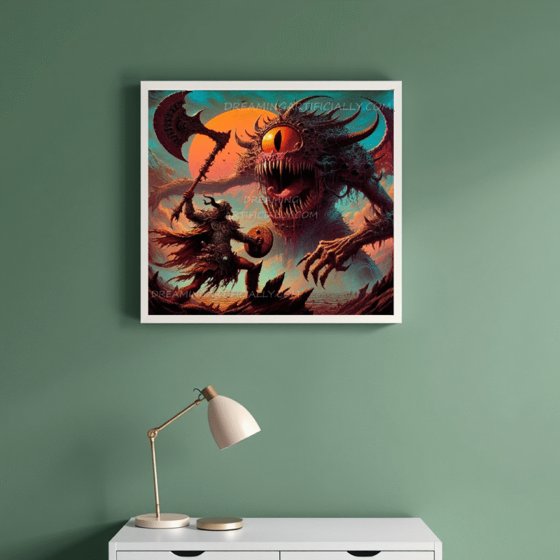 A warrior fighting a monstrous creature under a vibrant sunset.