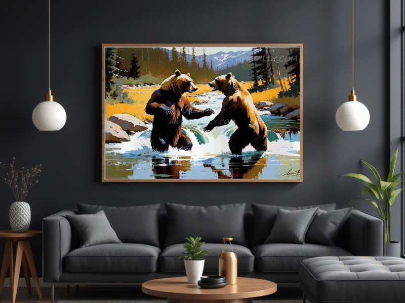 Two bears playfully engaging in a stream surrounded by nature.