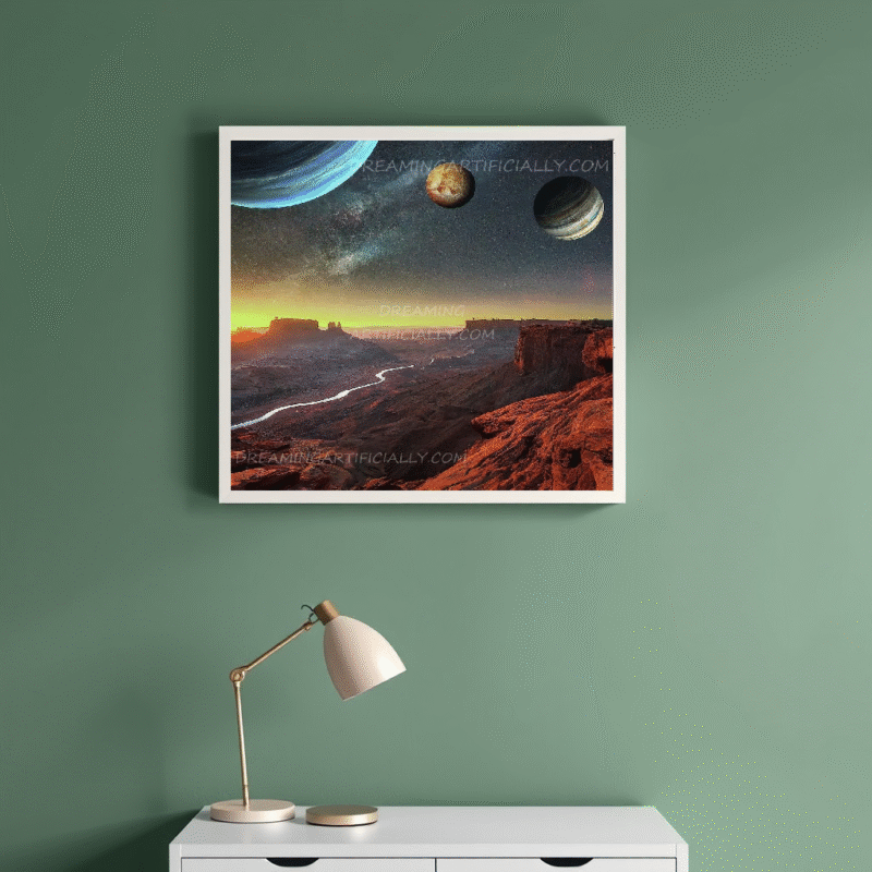 A stunning canyon landscape with celestial bodies above during twilight.