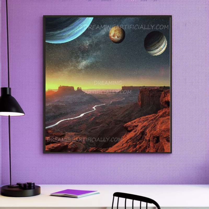 A stunning canyon landscape with celestial bodies above during twilight.