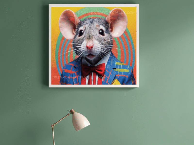 A mouse dressed in a colorful suit with a bow tie against a bright, patterned background.