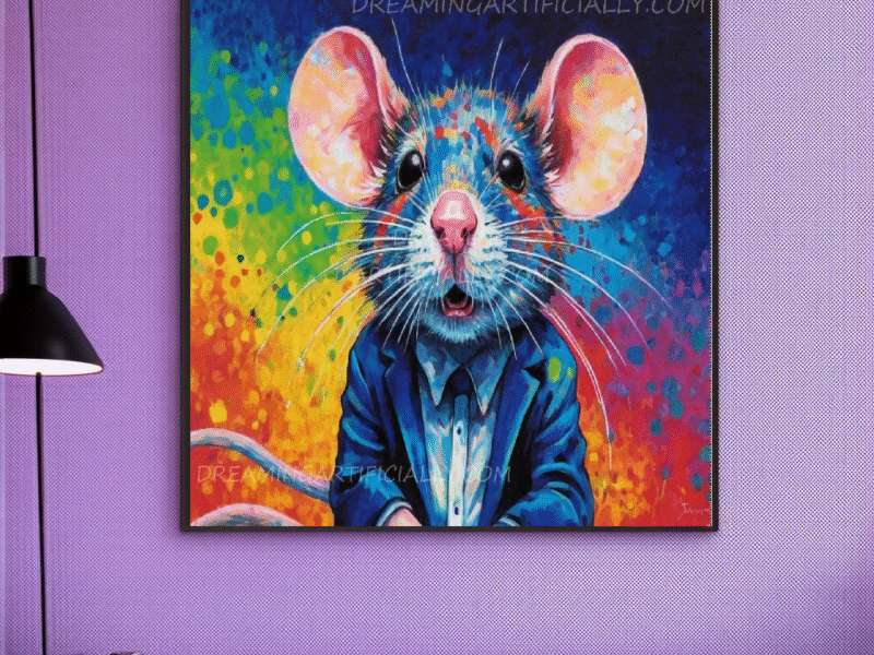 A colorful anthropomorphic mouse in a suit against a vibrant background.