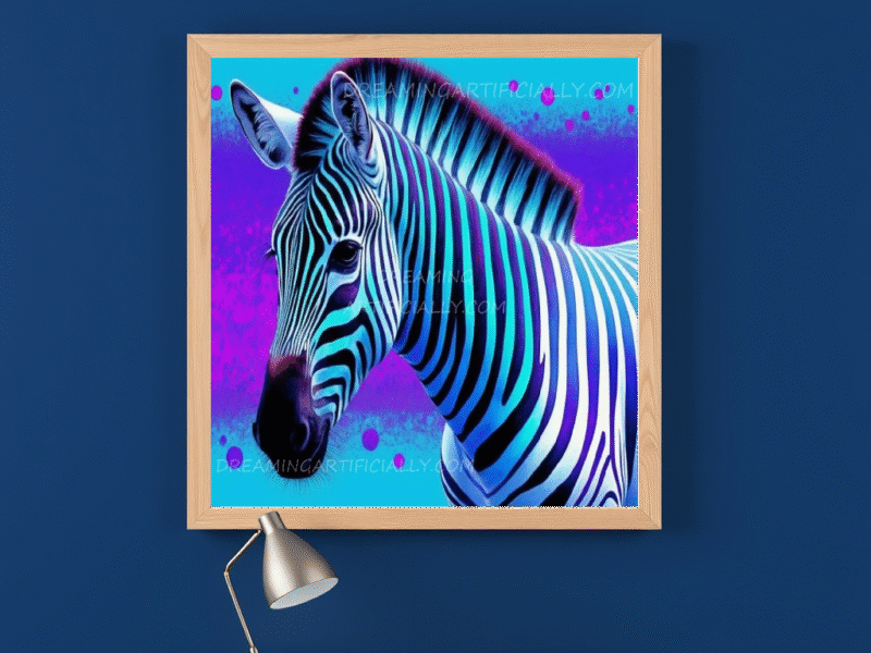 An abstract zebra featuring vivid blue and purple stripes against a bright background.