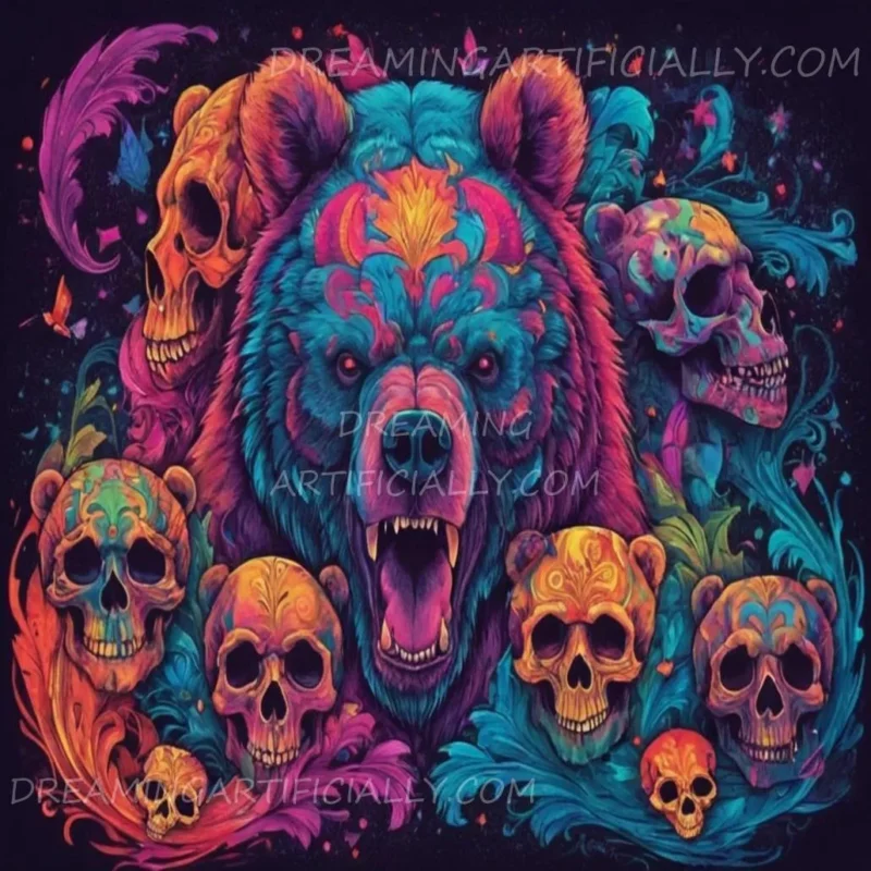 Vibrant bear artwork featuring colorful skulls and swirling patterns.