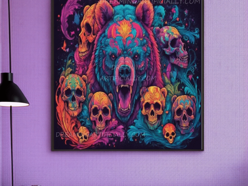 Vibrant bear artwork featuring colorful skulls and swirling patterns.