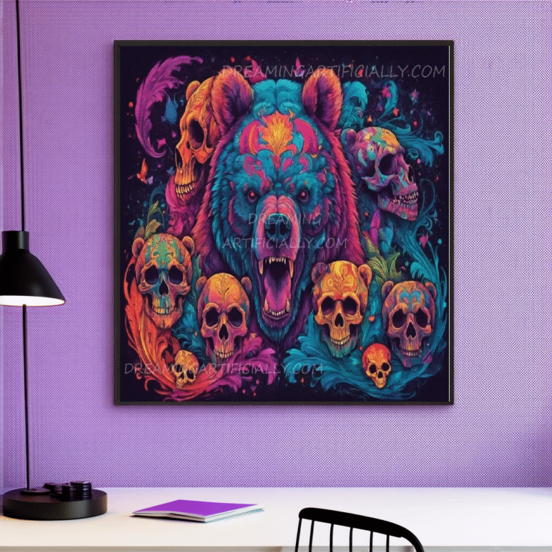 Vibrant bear artwork featuring colorful skulls and swirling patterns.