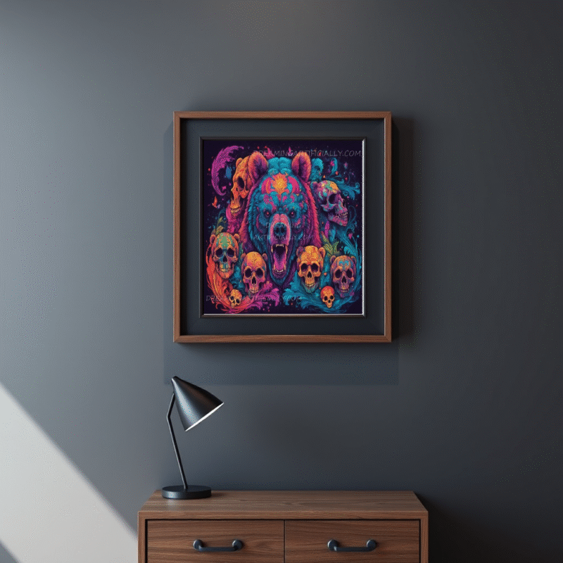 Vibrant bear artwork featuring colorful skulls and swirling patterns.