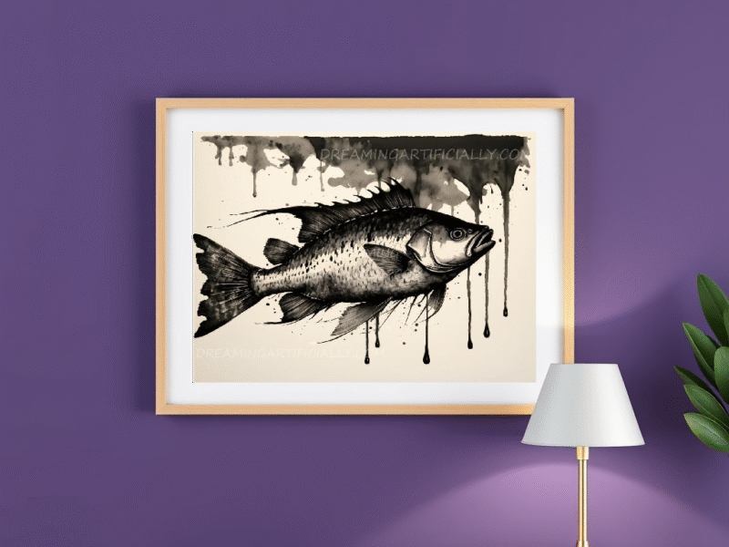 Black and white artwork of a fish with dynamic brush strokes and ink drips.
