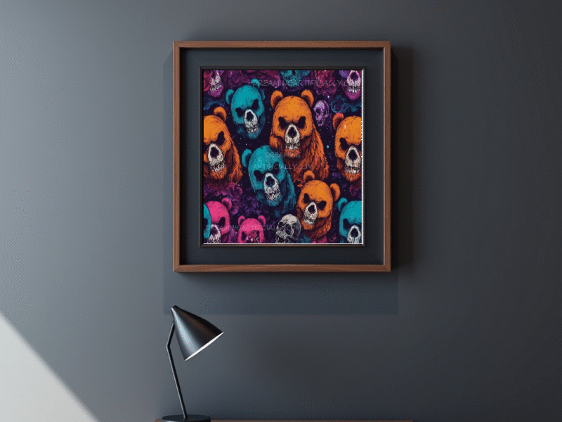 Colorful bears with skull features against a cosmic background