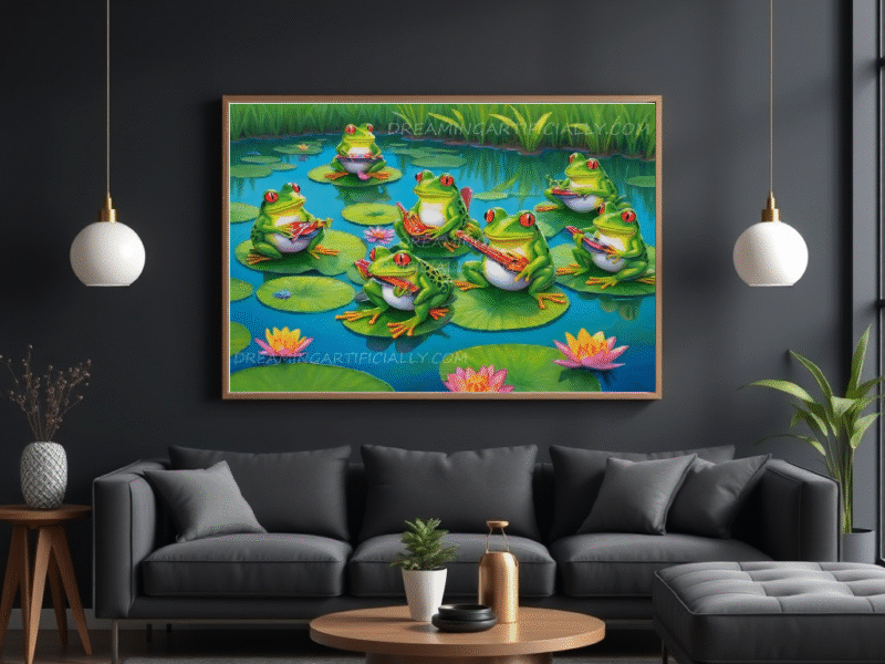 Colorful frogs playing instruments on lily pads.