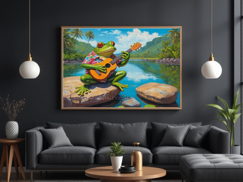 A green frog wearing a floral shirt plays a ukulele by a tropical lake.