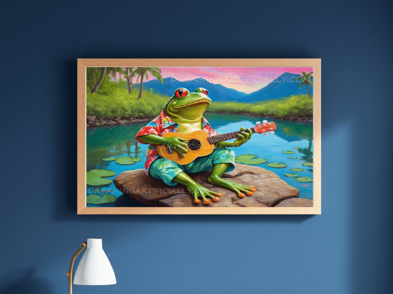A vibrant frog in a Hawaiian shirt playing a ukulele by a tranquil river.