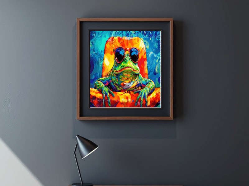 A colorful frog wearing sunglasses, lounging in a vibrant environment.