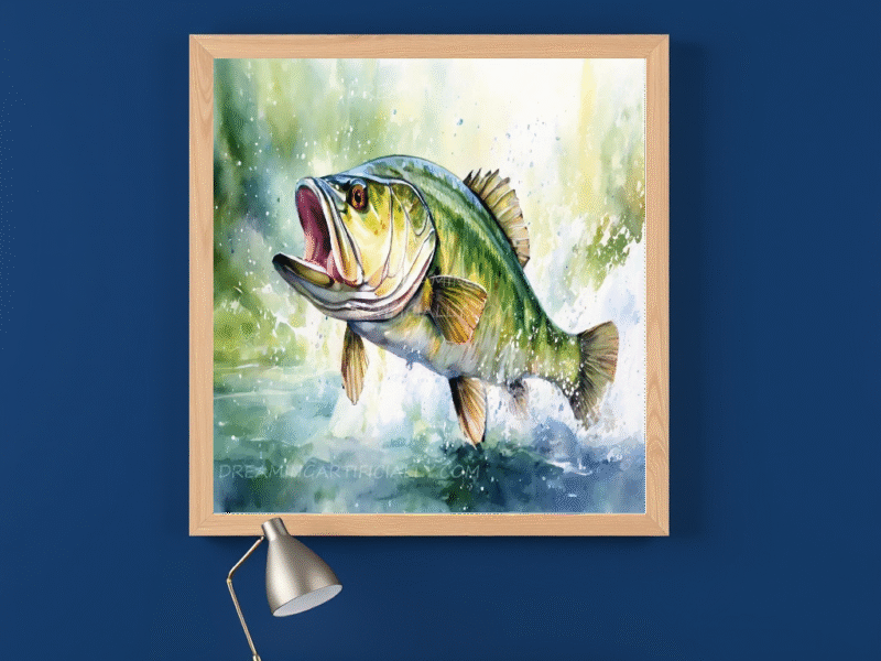 A detailed painting of a leaping bass fish above splashing water.