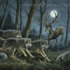 A thrilling depiction of wolves chasing a stag under a full moon in a dark forest.