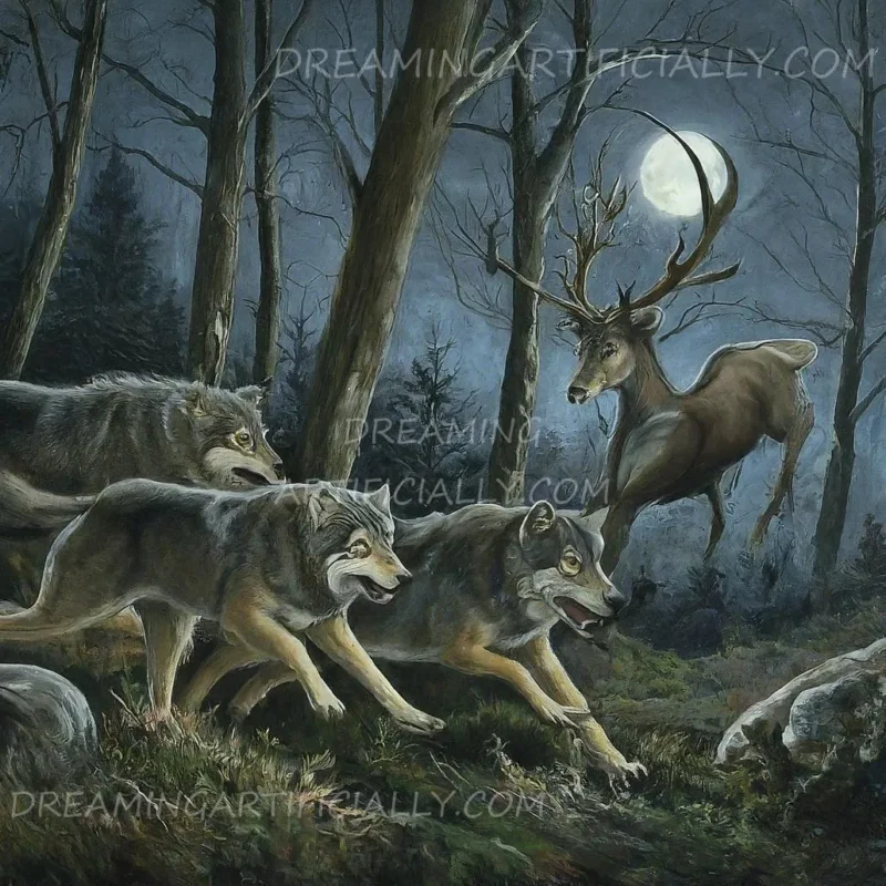 A thrilling depiction of wolves chasing a stag under a full moon in a dark forest.