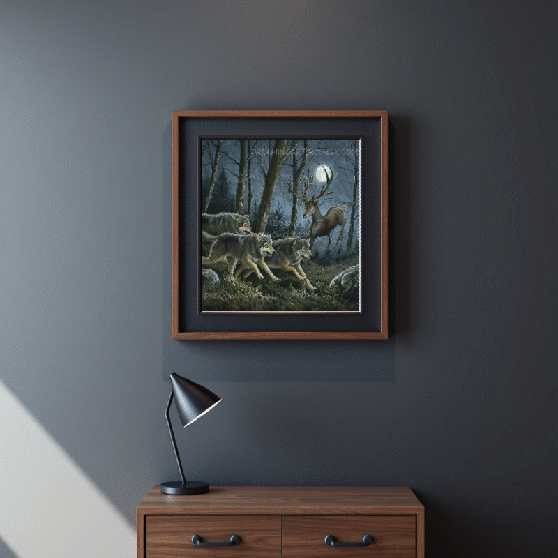 A thrilling depiction of wolves chasing a stag under a full moon in a dark forest.