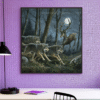 A thrilling depiction of wolves chasing a stag under a full moon in a dark forest.