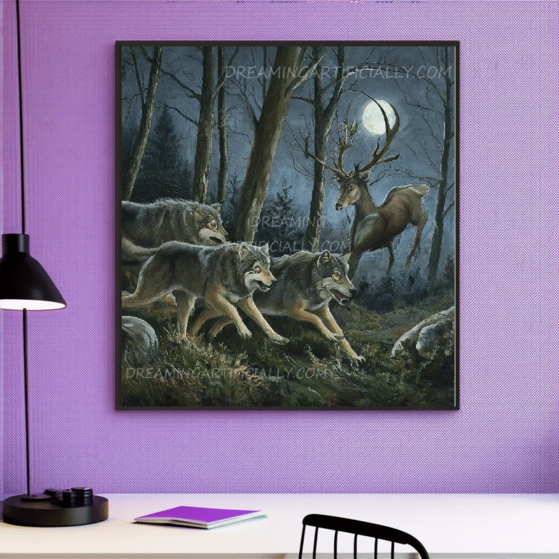 A thrilling depiction of wolves chasing a stag under a full moon in a dark forest.