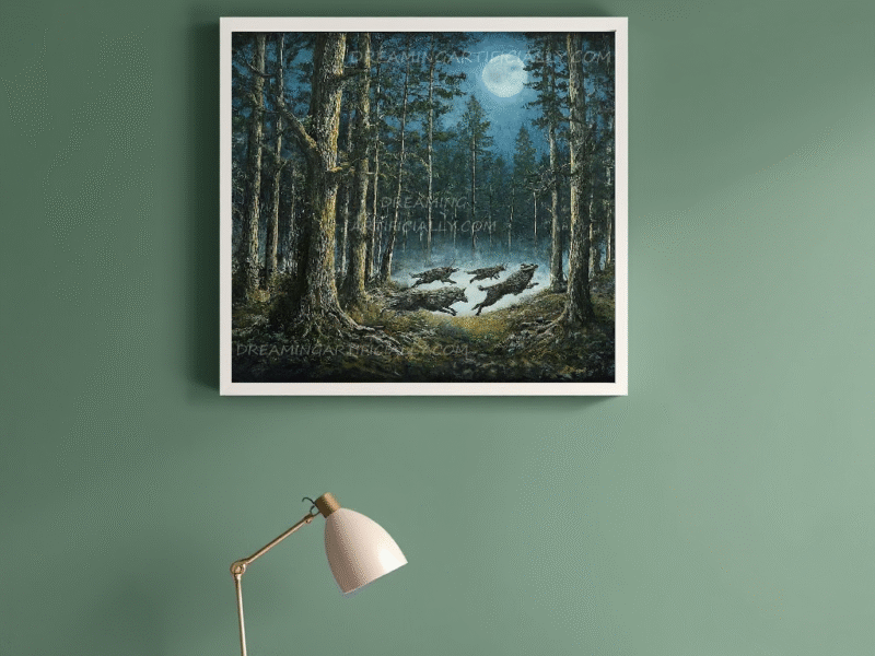 A moonlit forest scene with deer running through trees.