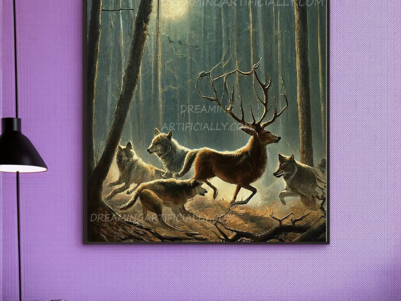 A deer and wolves running through a mystical forest at dusk.