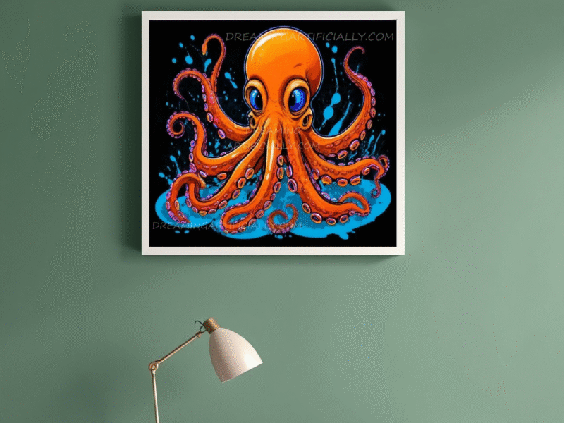 Vivid illustration of an orange octopus against a black background with colorful splashes.