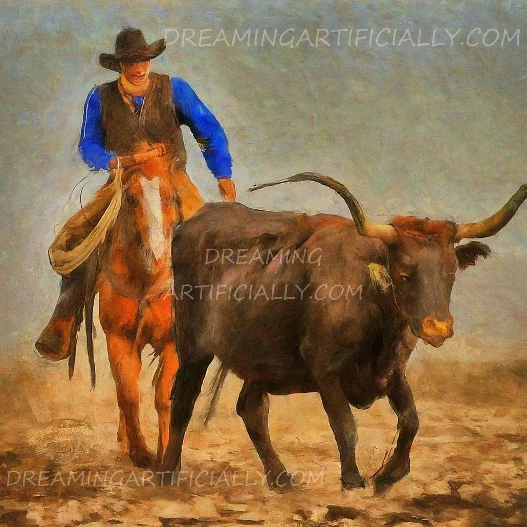 A cowboy guiding a longhorn steer in a dusty landscape.