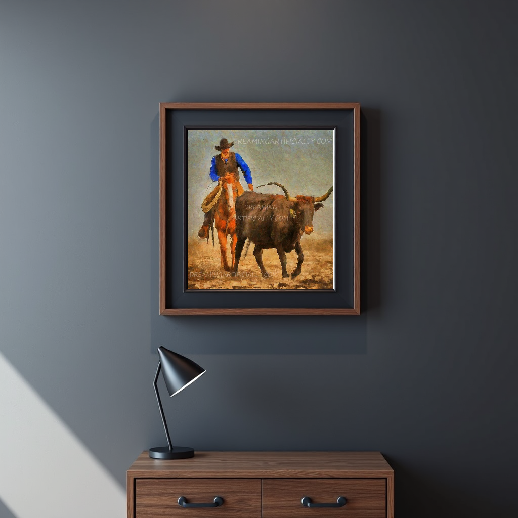 A cowboy guiding a longhorn steer in a dusty landscape.
