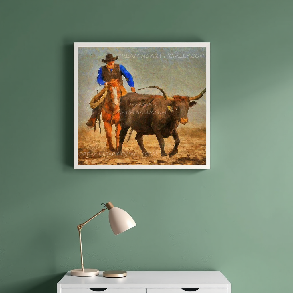 A cowboy guiding a longhorn steer in a dusty landscape.