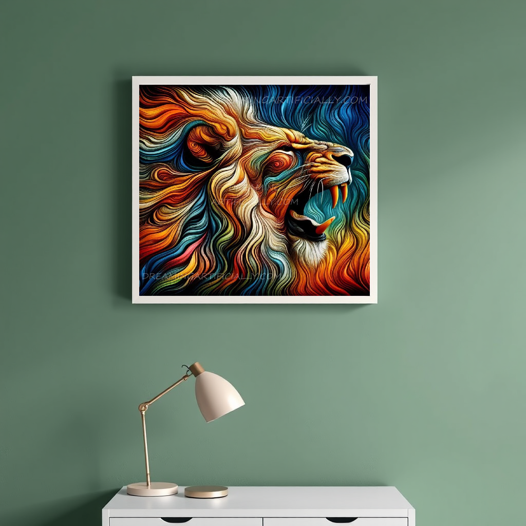 A vibrant, swirling depiction of a roaring lion's face in rich colors.