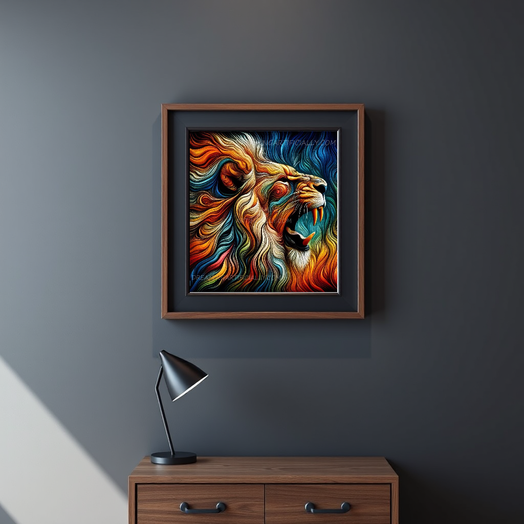 A vibrant, swirling depiction of a roaring lion's face in rich colors.