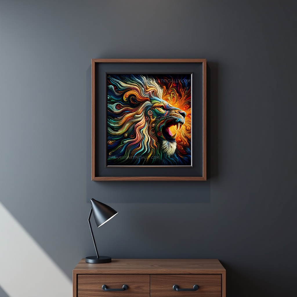 Vibrant artwork of a lion with a colorful mane, representing strength and bravery.