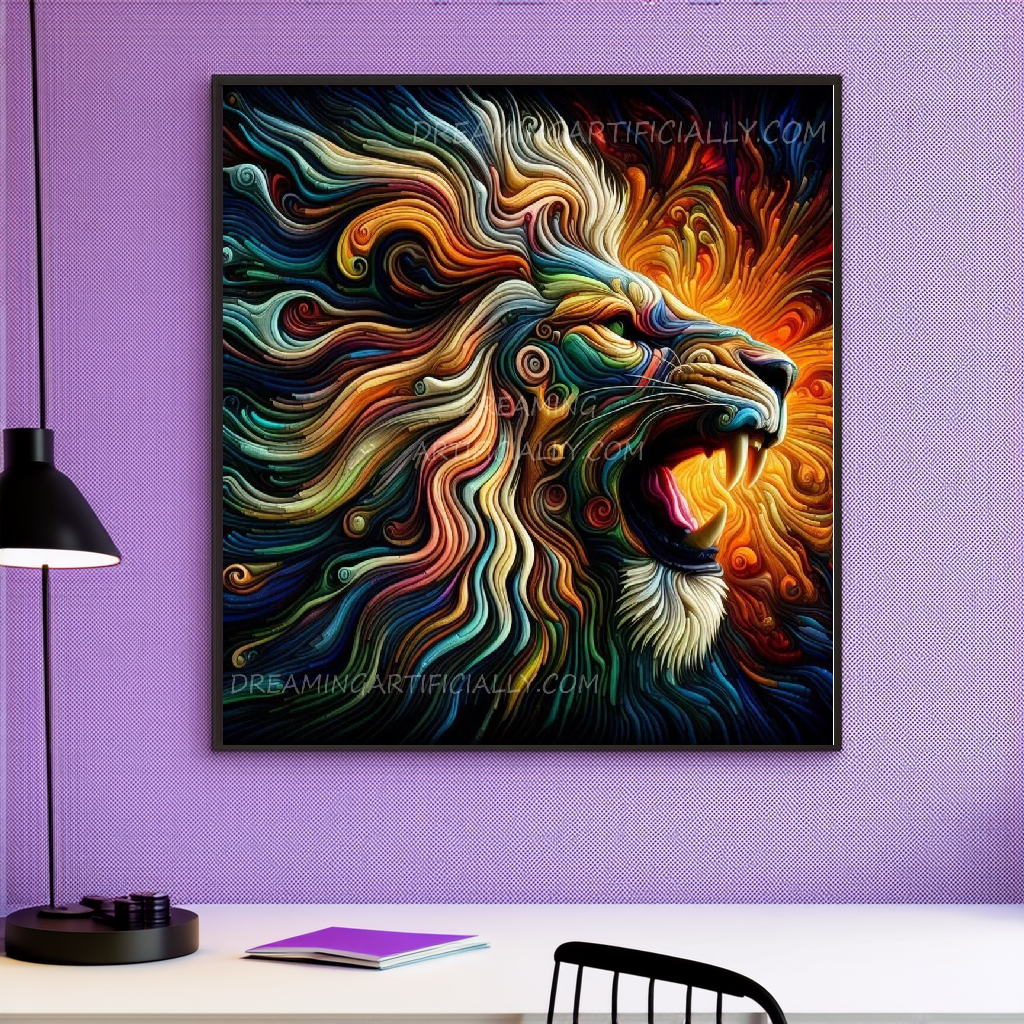 Vibrant artwork of a lion with a colorful mane, representing strength and bravery.