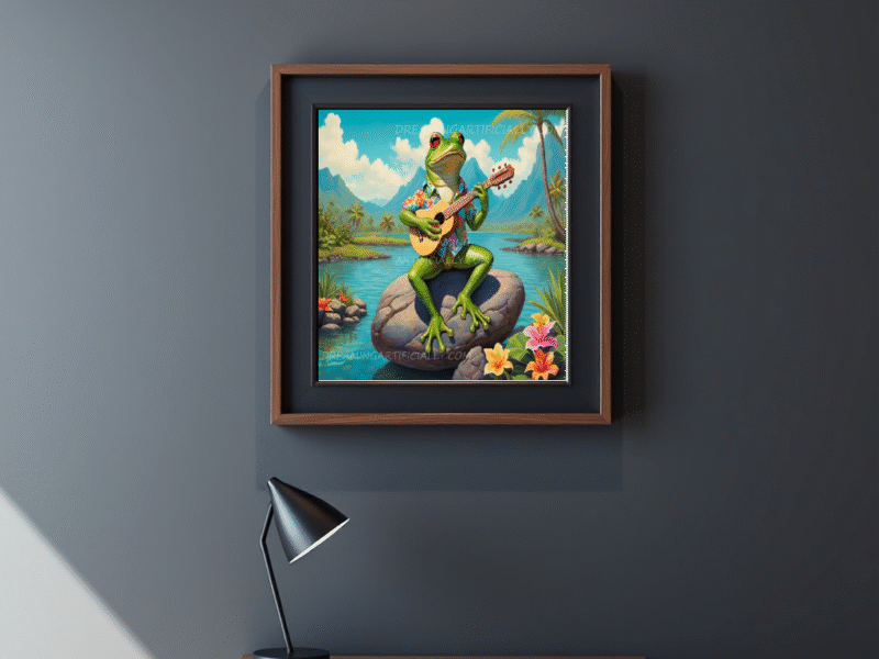 A colorful frog playing guitar on a rock in a tropical setting.