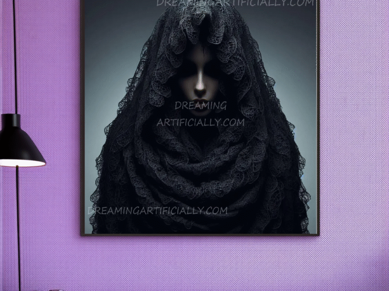 A mysterious figure draped in a dark lace veil against a softly lit background.