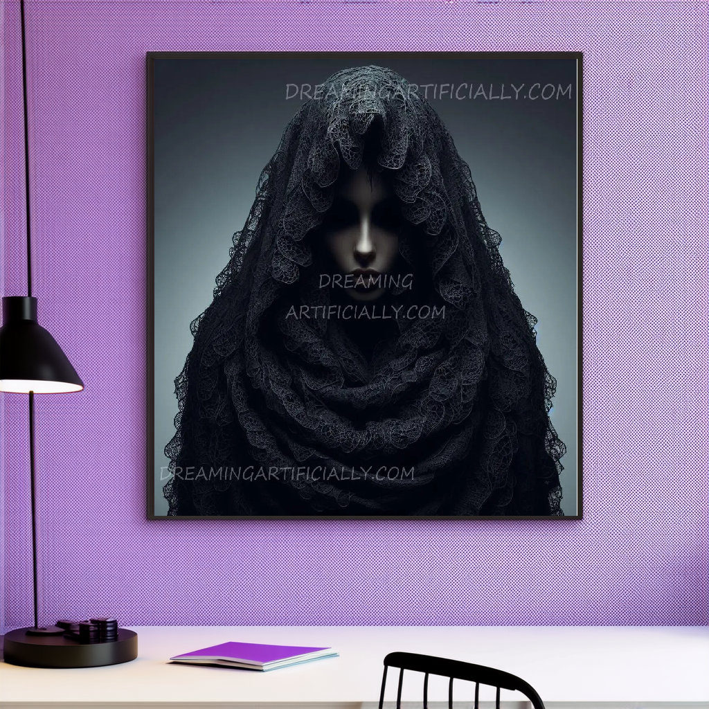 A mysterious figure draped in a dark lace veil against a softly lit background.