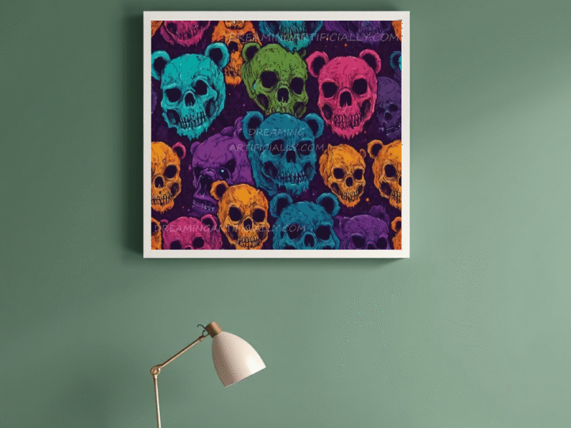 Colorful bear skulls set against a dark cosmic background, creating a striking visual contrast.