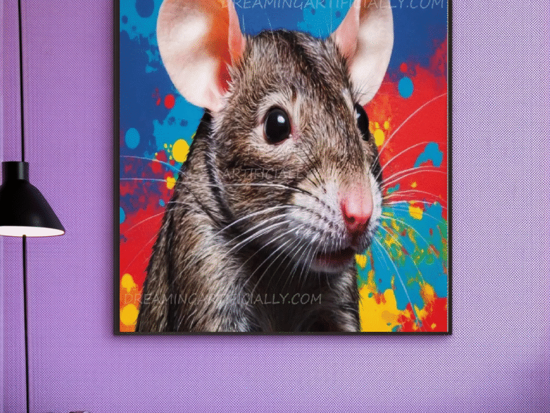 Detailed portrait of a rodent against a colorful abstract background.