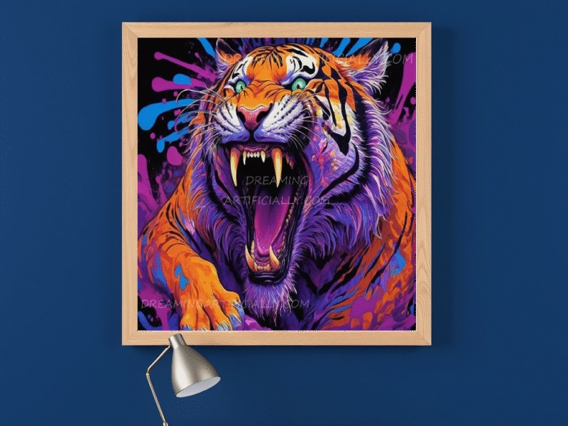 A vibrant and dynamic portrait of a roaring tiger in bold colors.