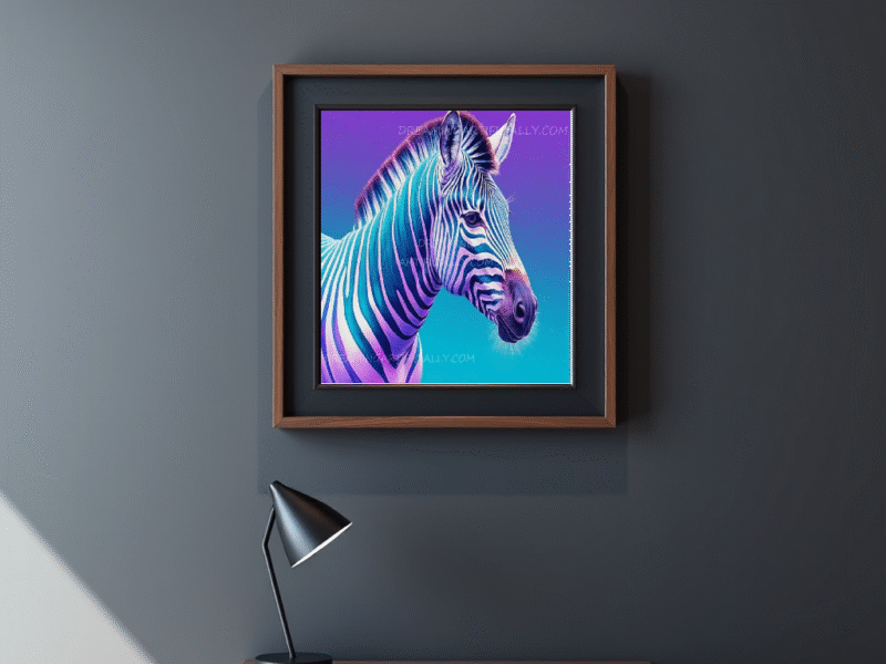 A vividly colored zebra against a gradient background of purple and turquoise.