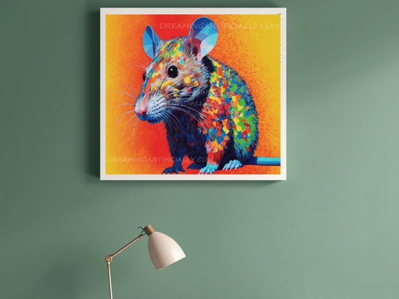 A colorful, geometric mouse against a vibrant orange and yellow background.