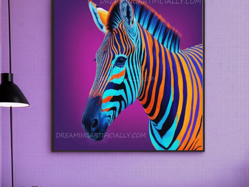Colorful zebra portrait against a vivid purple background.